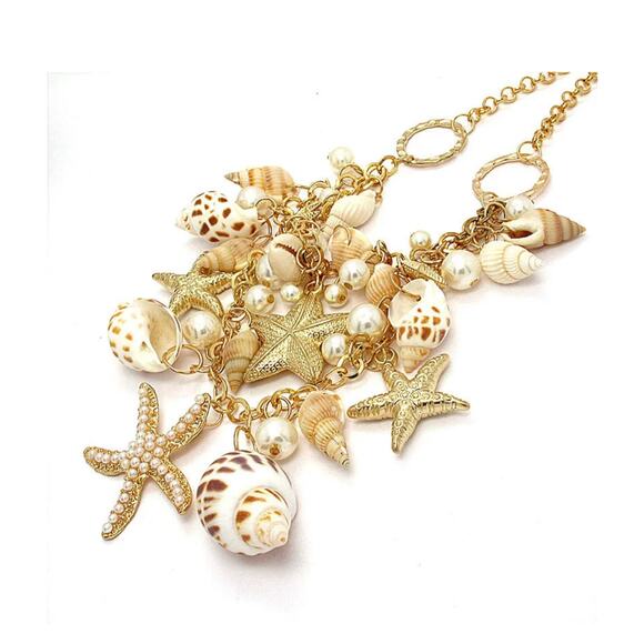 Chunky Gold Shell Charm Necklace Starfish Pearls Statement Coastal Jewelry NWT - Picture 3 of 3